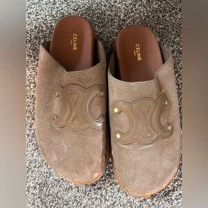 Celine Taupe Suede Mule Slides with Gold Studs